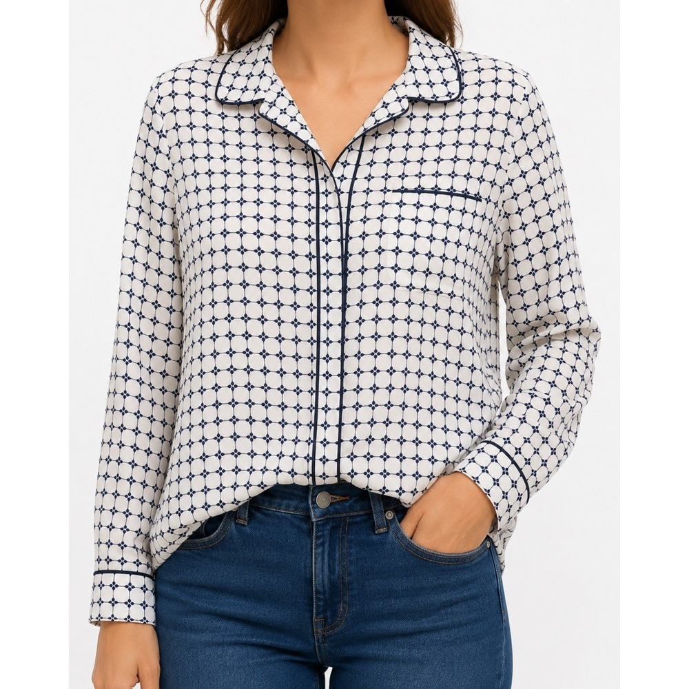 Adrianna Papell Womens Blouse White Navy Blue Print Pajama Style Shirt M